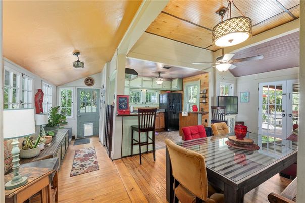 Dining room, Interior, Pendant Lights, Wooden Ceilings, Wood Texture Flooring