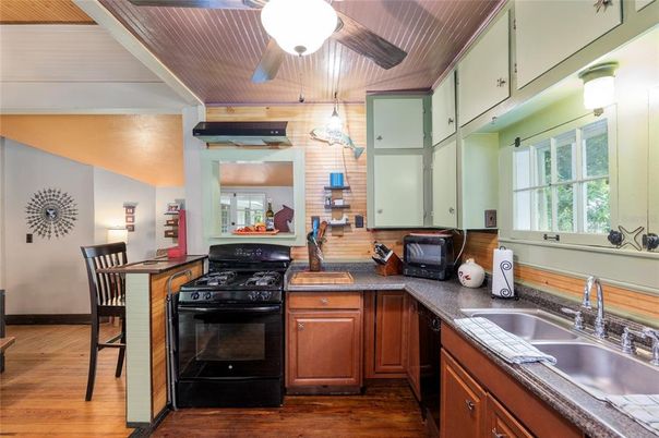 Interior, Kitchen, Tile Countertops, Wood Texture Flooring