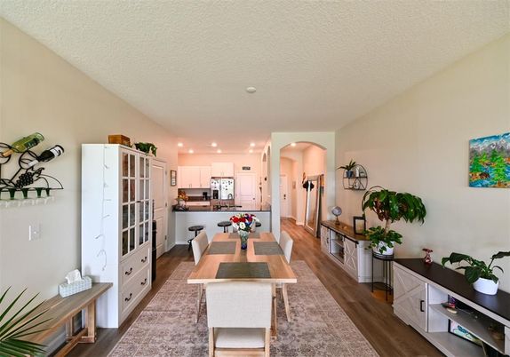 Dining room, Interior, Kitchen, Recessed Lighting, Wood Texture Flooring
