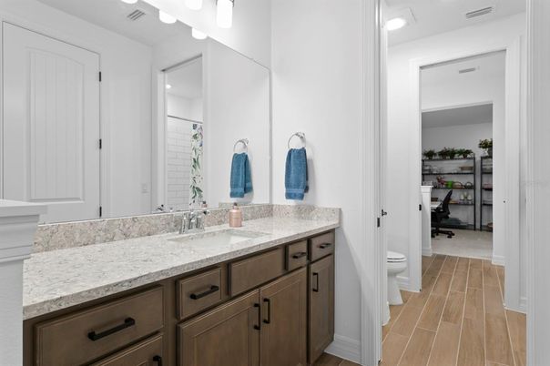 Bathroom, Dual Sink Vanities, Interior, Recessed Lighting, Wood Texture Flooring