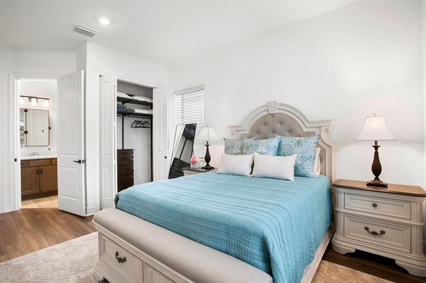 Bedroom, Interior, Recessed Lighting, Wood Texture Flooring