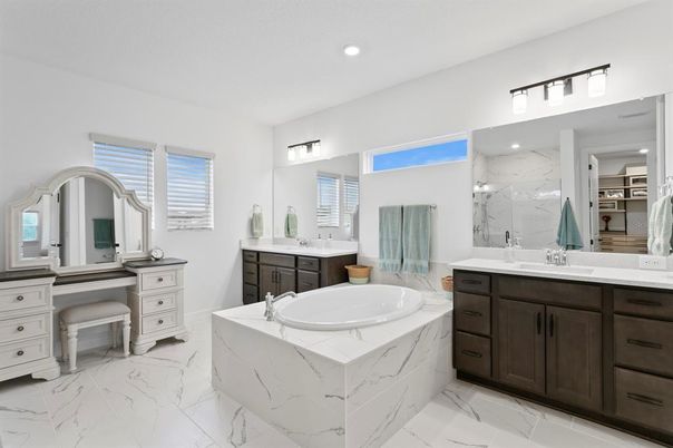 Bathroom, Dual Sink Vanities, Interior, Marble, Marble Walls, Recessed Lighting