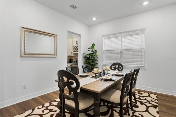 Dining room, Interior, Recessed Lighting, Wood Texture Flooring