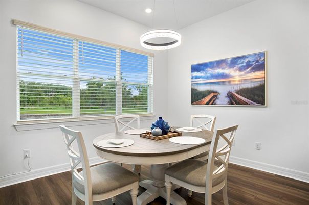Dining room, Interior, Pendant Lights, Recessed Lighting, Wood Texture Flooring