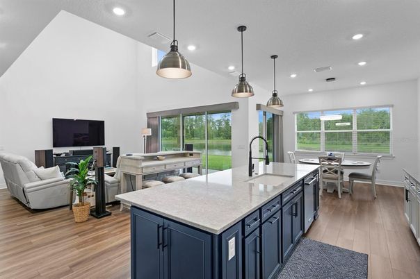 Dining room, Interior, Kitchen, Living room, Pendant Lights, Recessed Lighting, Stainless Steel Appliances, Wood Texture Flooring