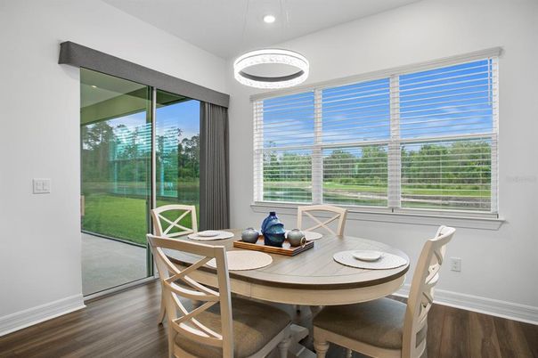 Dining room, Interior, Pendant Lights, Recessed Lighting, Wood Texture Flooring