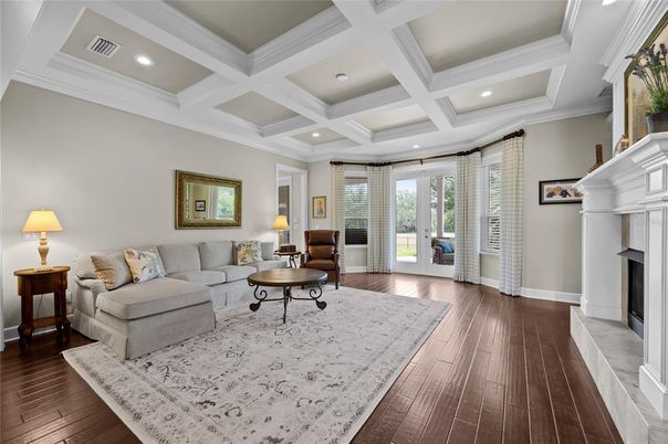 Fireplace, Interior, Living room, Recessed Lighting, Wood Texture Flooring