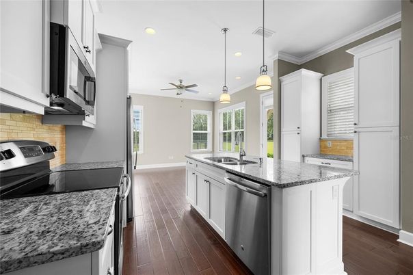 Interior, Kitchen, Pendant Lights, Recessed Lighting, Wood Texture Flooring