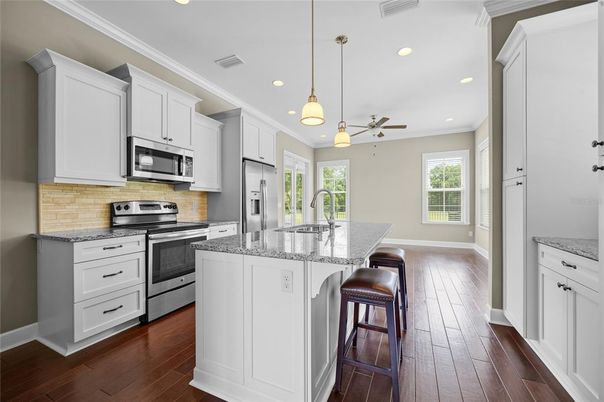 Interior, Kitchen, Pendant Lights, Recessed Lighting, Stainless Steel Appliances, Wood Texture Flooring