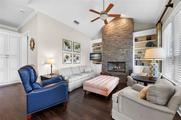 Fireplace, Interior, Living room, Stone Walls, Wood Texture Flooring