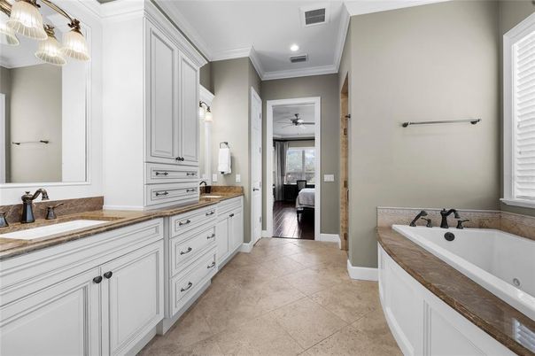 Bathroom, Bedroom, Dual Sink Vanities, Interior, Recessed Lighting, Wood Texture Flooring