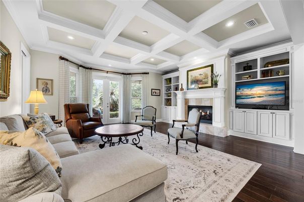 Fireplace, Interior, Living room, Recessed Lighting, Wood Texture Flooring