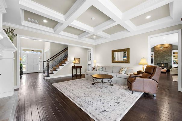 Fireplace, Interior, Living room, Recessed Lighting, Wood Texture Flooring