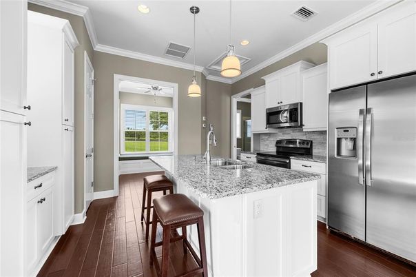 Interior, Kitchen, Pendant Lights, Recessed Lighting, Stainless Steel Appliances, Wood Texture Flooring
