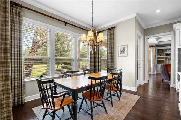 Chandelier, Dining room, Interior, Recessed Lighting, Wood Texture Flooring