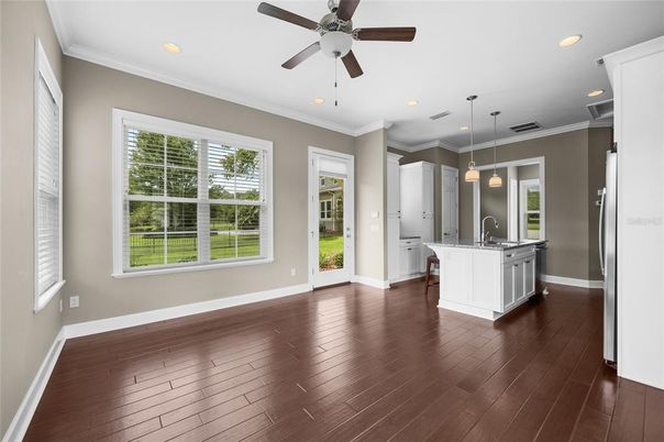 Interior, Kitchen, Pendant Lights, Recessed Lighting, Wood Texture Flooring