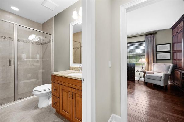 Bathroom, Glass Shower, Interior, Recessed Lighting, Wood Texture Flooring