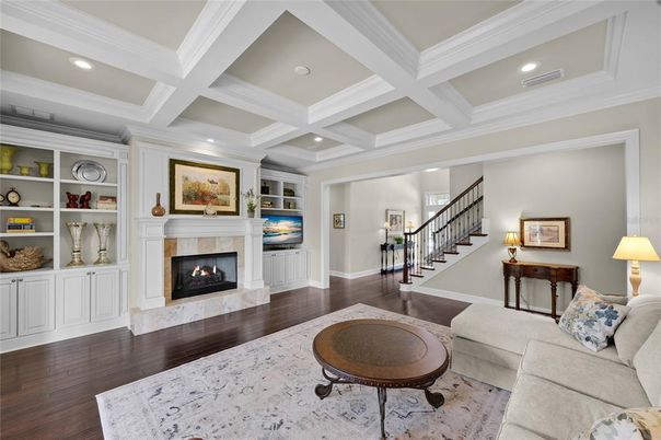 Fireplace, Interior, Living room, Recessed Lighting, Wood Texture Flooring