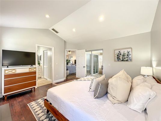 Bedroom, Interior, Recessed Lighting, Wood Texture Flooring