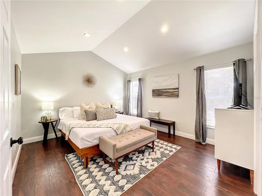 Bedroom, Interior, Recessed Lighting, Wood Texture Flooring