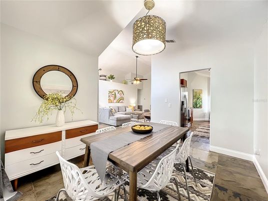 Dining room, Interior, Living room, Pendant Lights, Wood Texture Flooring