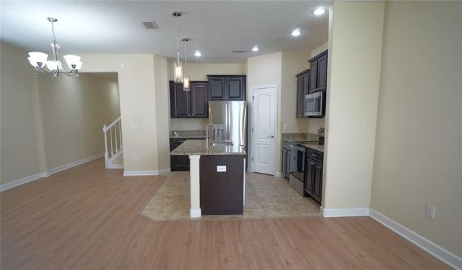 Chandelier, Interior, Kitchen, Pendant Lights, Recessed Lighting, Wood Texture Flooring