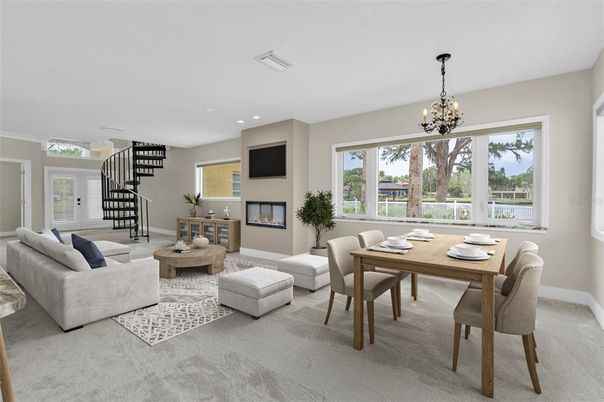 Chandelier, Dining room, Fireplace, Interior, Living room, Recessed Lighting
