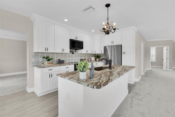 Chandelier, Interior, Kitchen, Pendant Lights, Recessed Lighting, Stainless Steel Appliances, Wood Texture Flooring