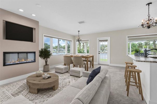 Chandelier, Dining room, Fireplace, Interior, Living room, Recessed Lighting