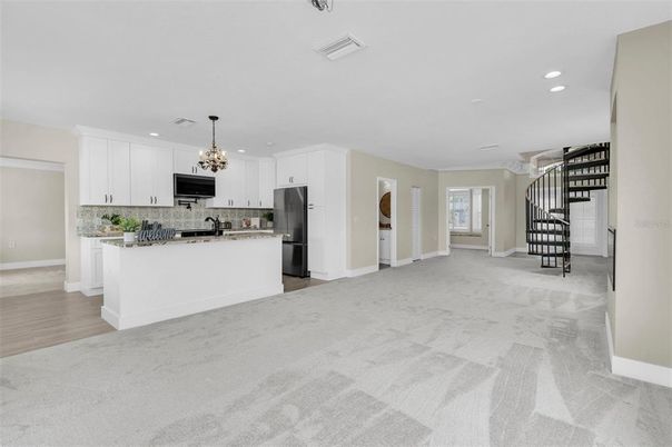 Chandelier, Interior, Kitchen, Recessed Lighting, Stainless Steel Appliances