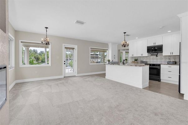 Chandelier, Empty room, Interior, Kitchen, Pendant Lights, Recessed Lighting, Wood Texture Flooring