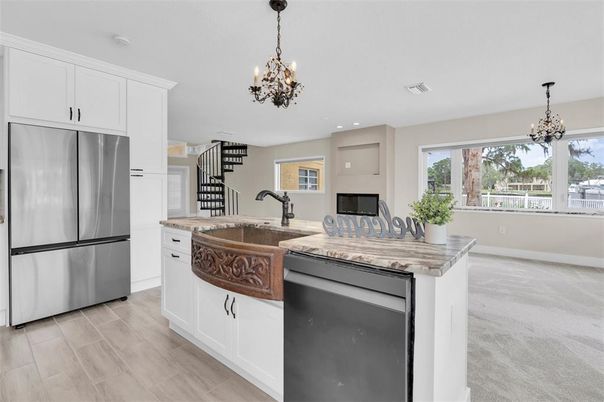 Chandelier, Interior, Kitchen, Pendant Lights, Recessed Lighting, Wood Texture Flooring