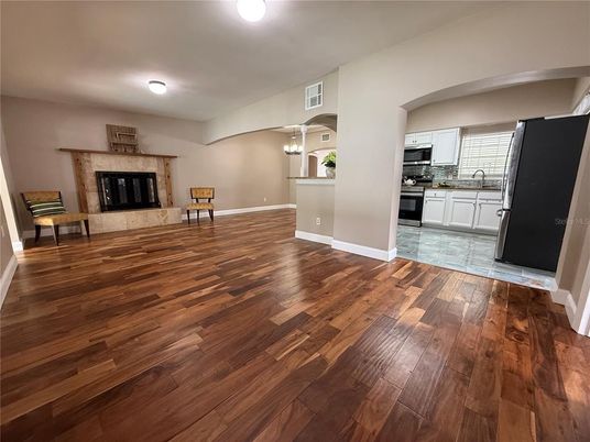 Empty room, Fireplace, Interior, Kitchen, Wood Texture Flooring