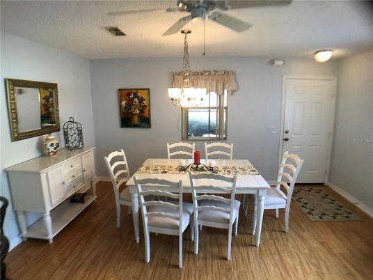 Dining room, Interior, Pendant Lights, Wood Texture Flooring