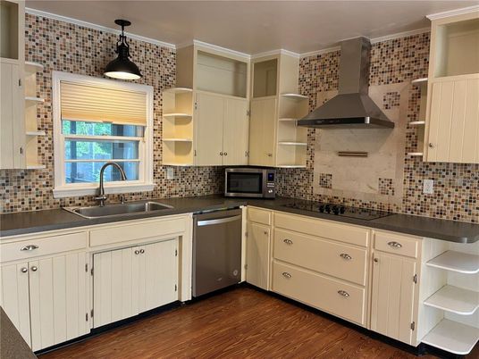 Interior, Kitchen, Pendant Lights, Stainless Steel Appliances, Wood Texture Flooring