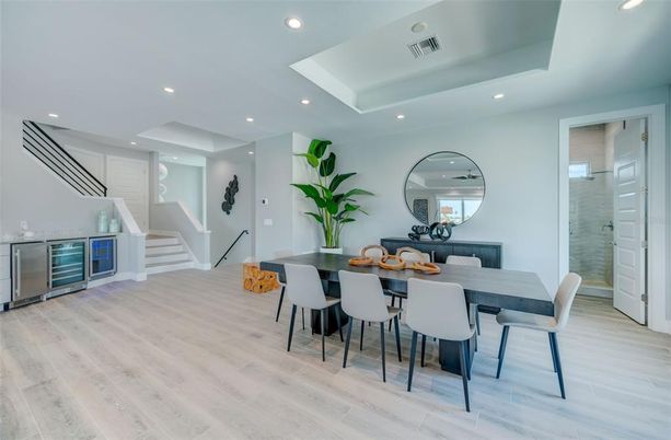 Dining room, Interior, Recessed Lighting, Wood Texture Flooring