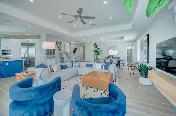 Dining room, Interior, Kitchen, Living room, Recessed Lighting, Stainless Steel Appliances, Wood Texture Flooring