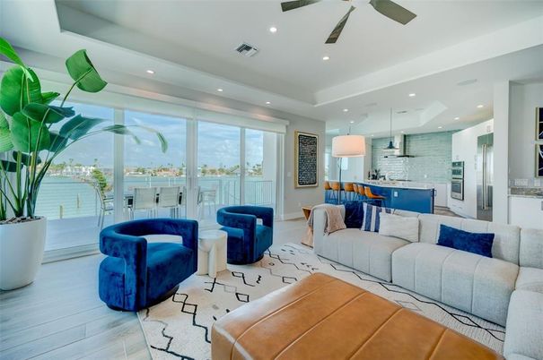 Dining room, Interior, Kitchen, Living room, Pendant Lights, Recessed Lighting, Stainless Steel Appliances, Stone Walls, Water