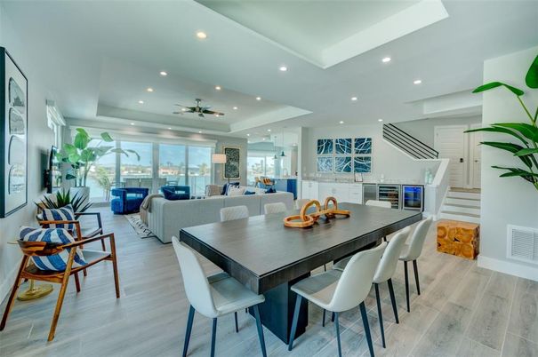 Dining room, Interior, Living room, Recessed Lighting, Wood Texture Flooring