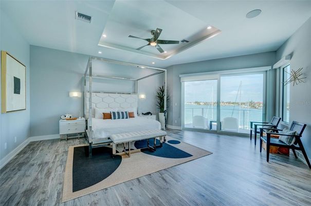Bedroom, Interior, Recessed Lighting, Water, Wood Texture Flooring