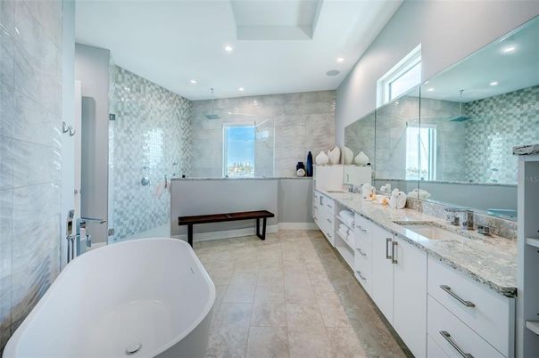 Bathroom, Dual Sink Vanities, Free Standing Baths, Glass Shower, Interior, Recessed Lighting
