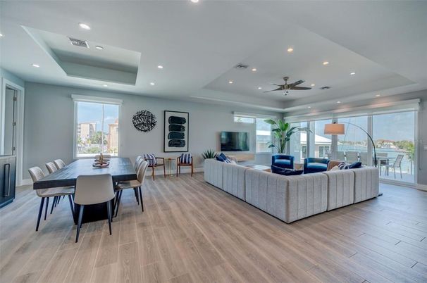 Dining room, Interior, Living room, Recessed Lighting, Wood Texture Flooring