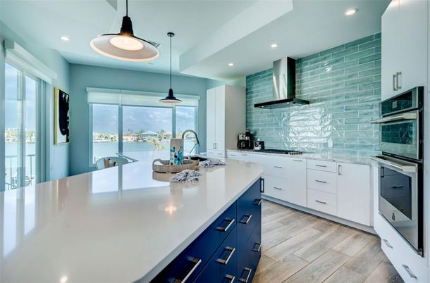 Interior, Kitchen, Pendant Lights, Recessed Lighting, Stainless Steel Appliances, Water, Wood Texture Flooring