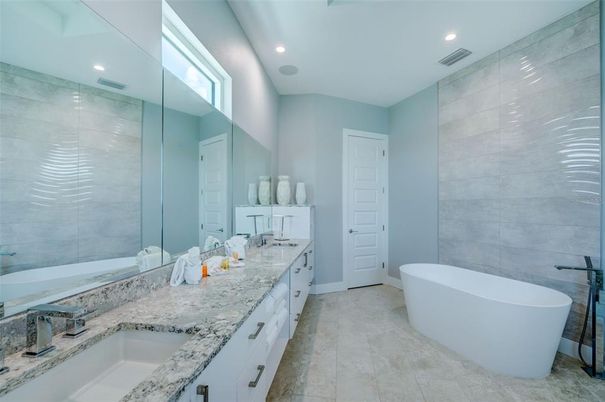 Bathroom, Dual Sink Vanities, Free Standing Baths, Interior, Recessed Lighting