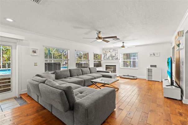 Fireplace, Interior, Living room, Recessed Lighting, Wood Texture Flooring