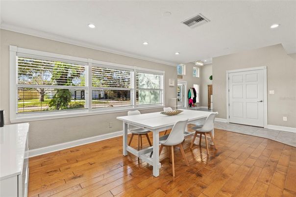 Dining room, Interior, Recessed Lighting, Wood Texture Flooring