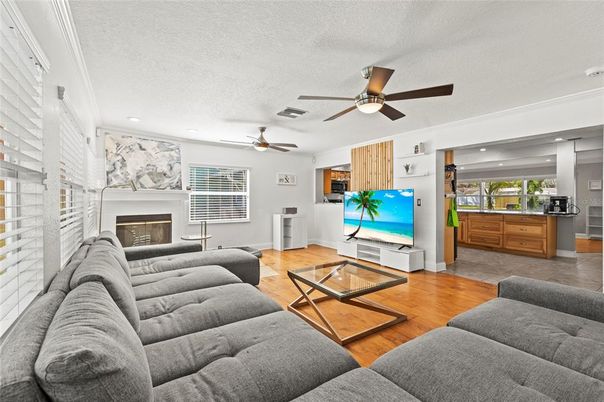 Fireplace, Interior, Living room, Recessed Lighting, Wood Texture Flooring