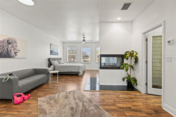 Fireplace, Interior, Living room, Recessed Lighting, Wood Texture Flooring