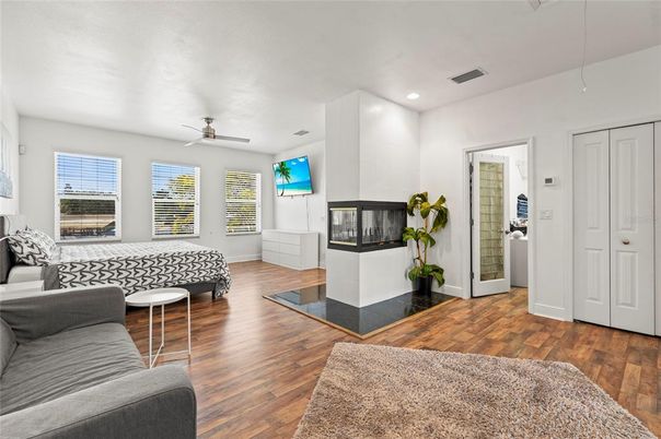 Fireplace, Interior, Living room, Recessed Lighting, Wood Texture Flooring