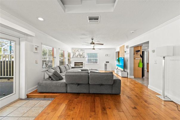 Fireplace, Interior, Living room, Recessed Lighting, Wood Texture Flooring